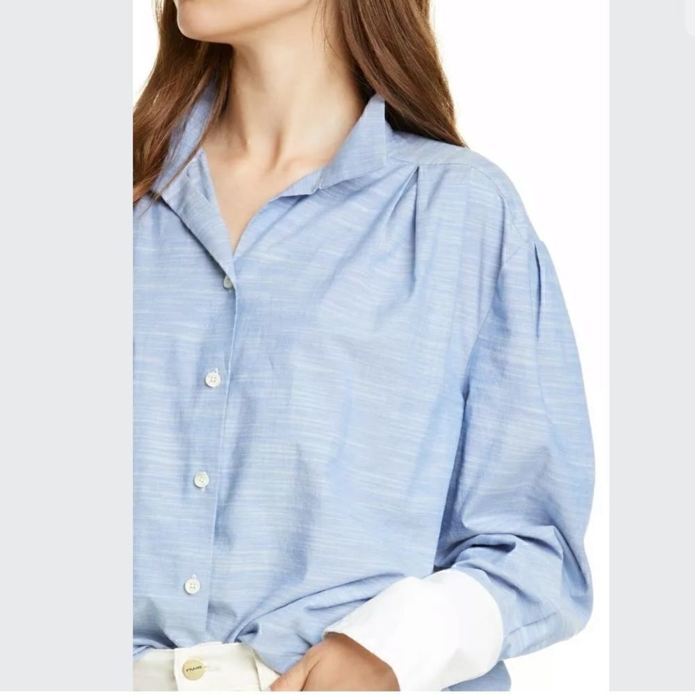 Frame Oxford Blue Pleated Contrast Cuff Button Up - Picture 5 of 11